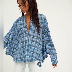 Free People Secret Garden Plaid Blue Cotton Frayed Blouse Loose Fit Size Small